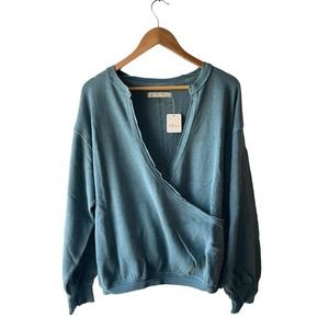 Free People L Anyway Tee Deep Teal Wrap Raw Edge Lagenlook Sweatshirt